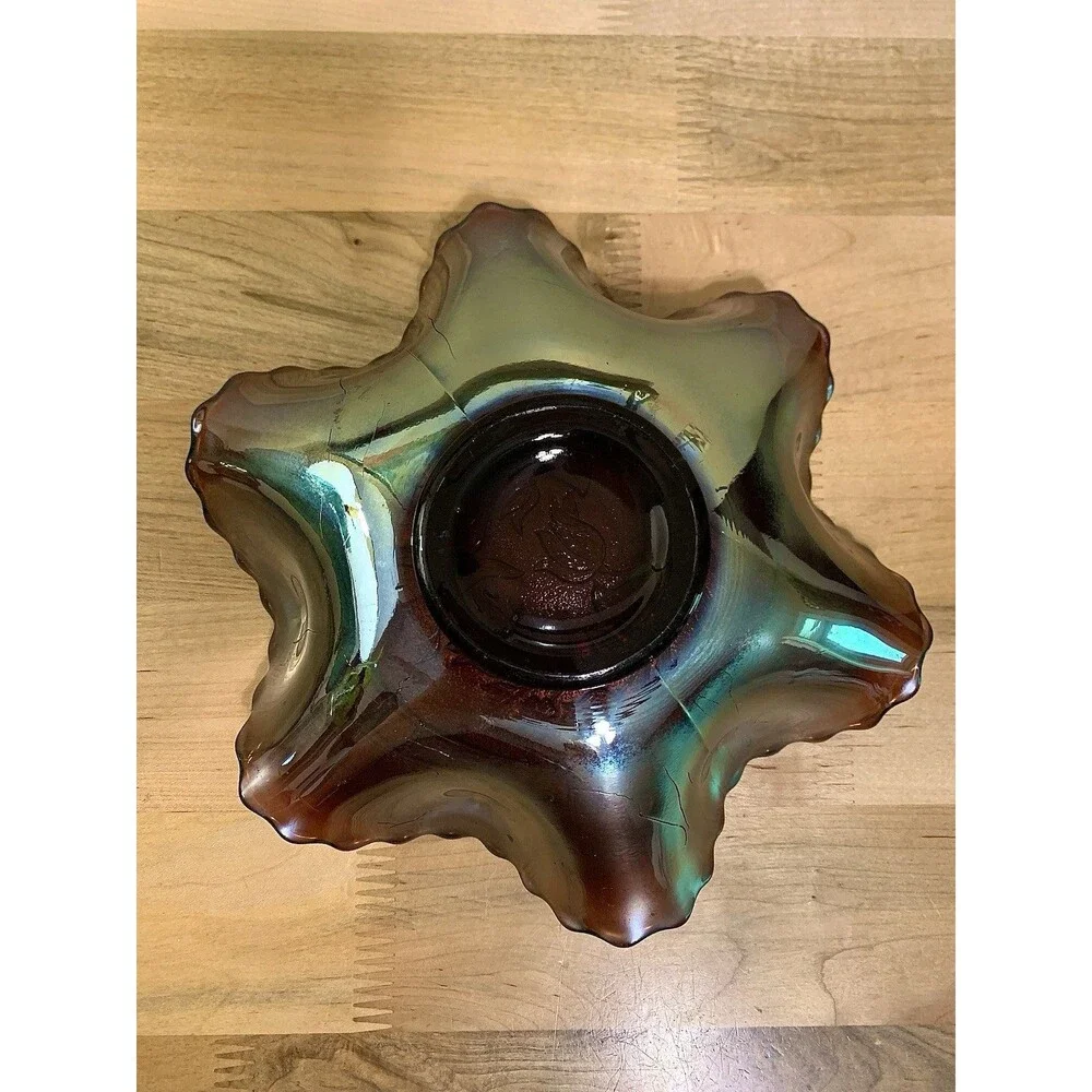 Antique Dugan Amethyst Windflower Iridescent Carnival Glass Ruffled Bowl 8